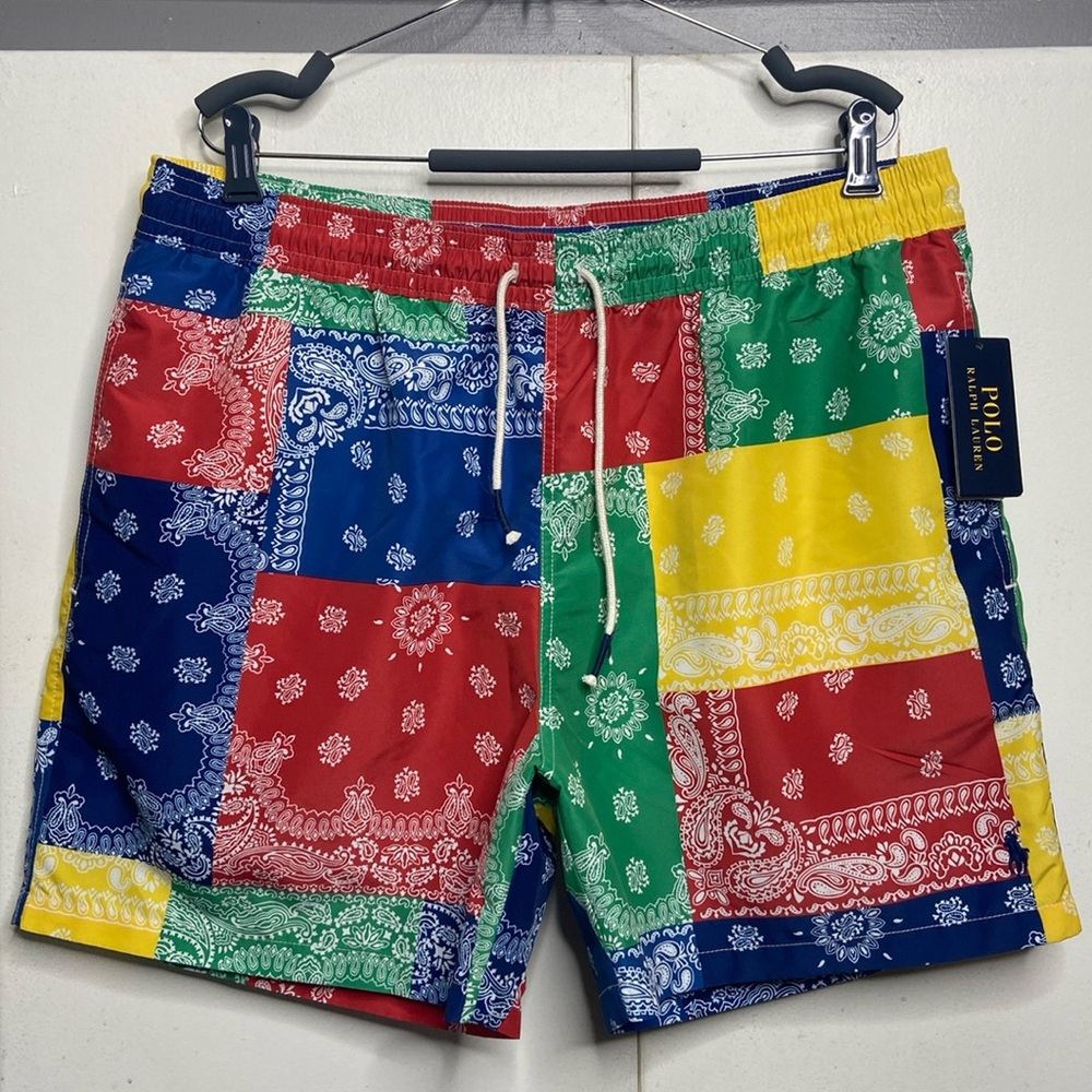 Polo Ralph Lauren Men PATCHWORK BANDANA Traveler Swim Trunks 2XL NWT